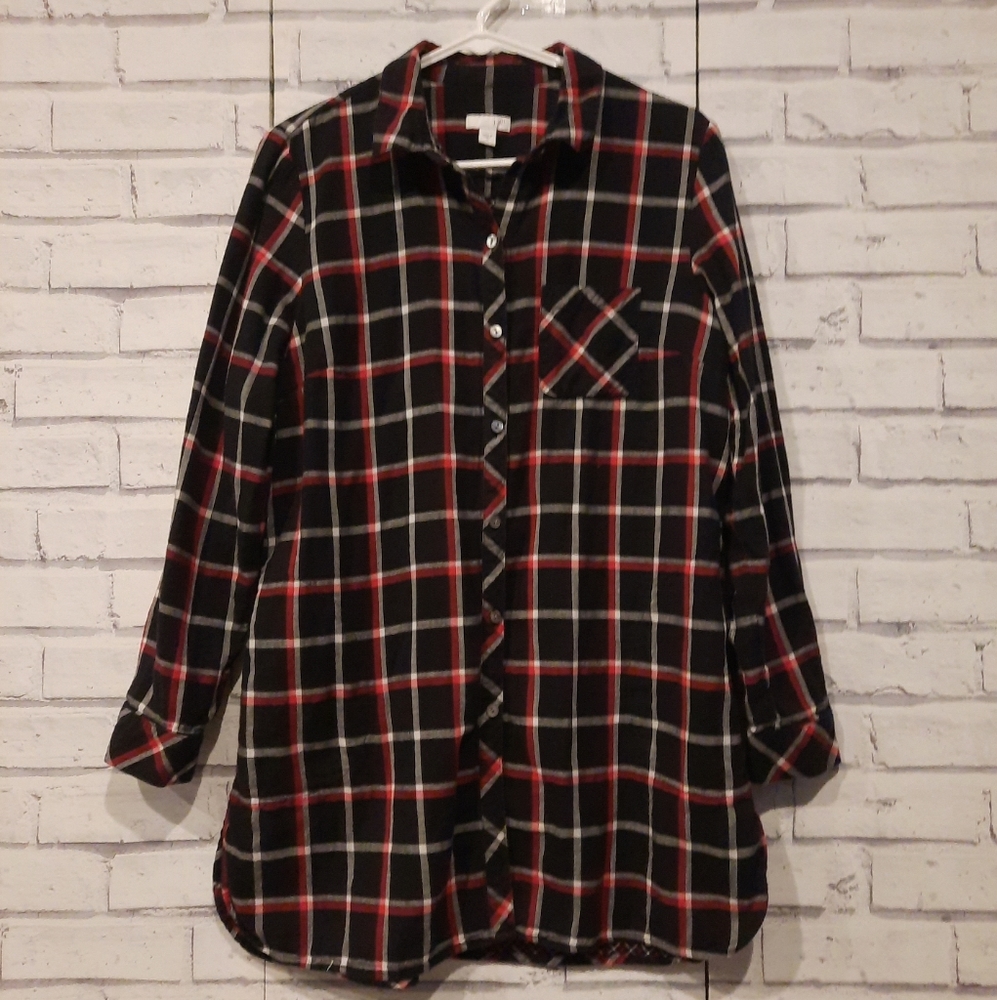 J. Jill Women's Size M Plaid Button Front Tunic Black Red White Long Sleeve